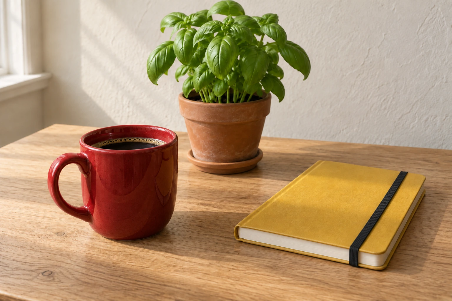 Eine rote Tasse links, gelbes Notizbuch rechts und Basilikum hinten auf einem Holztisch.
