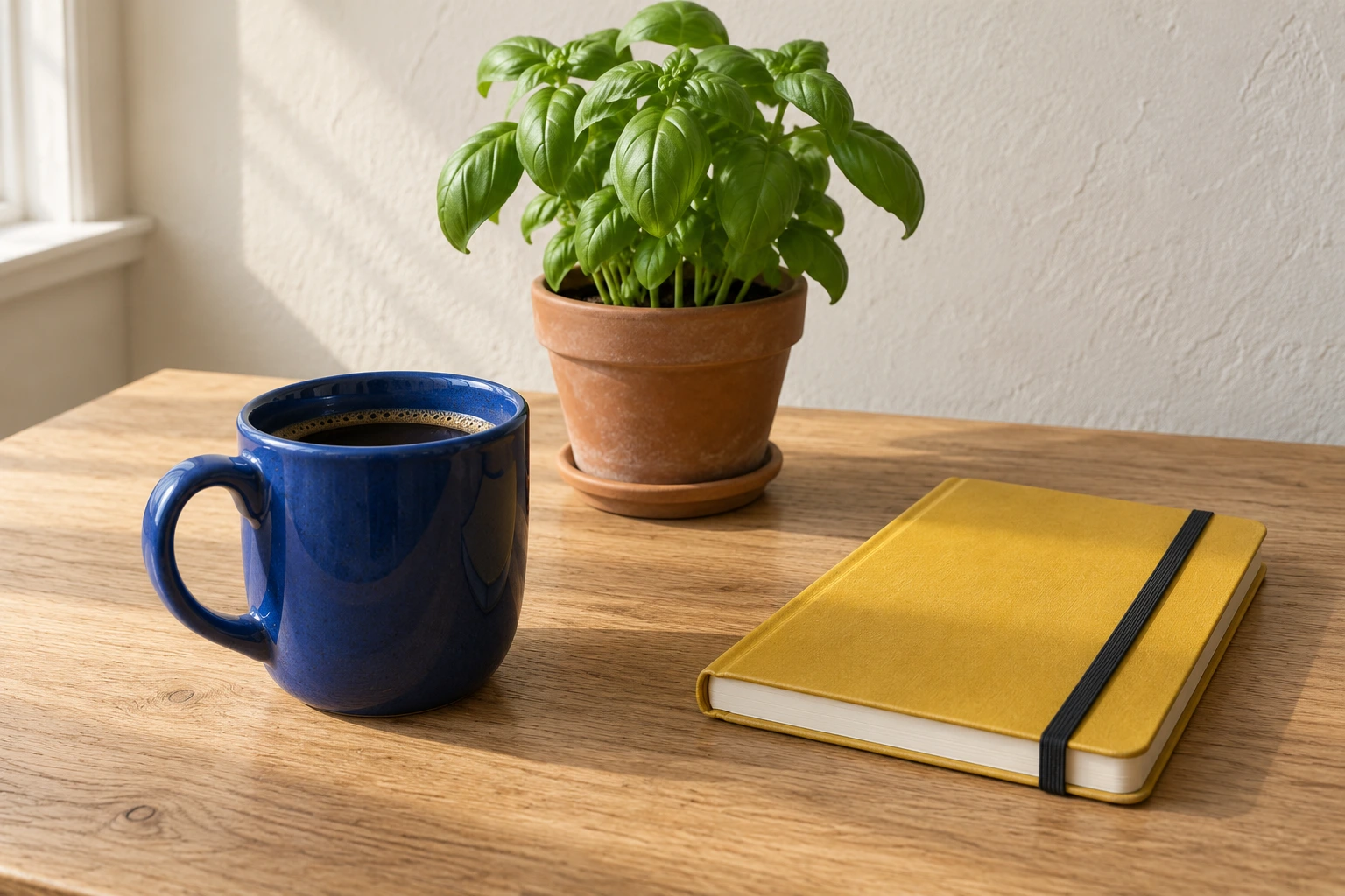 Eine blaue Tasse links, gelbes Notizbuch rechts und Basilikum hinten auf einem Holztisch.