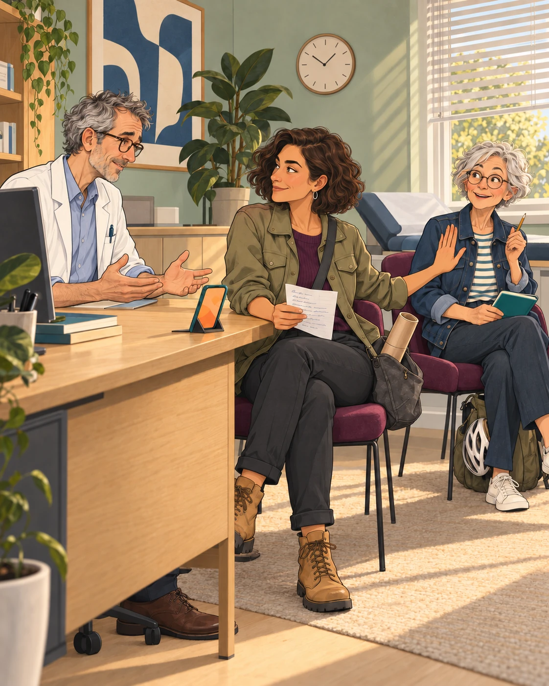 Dr. Reuter sitzt links, Nuria in der Mitte und Hanne rechts. Nuria hält Hanne freundlich mit einer Handbewegung zurück, als sie für sie sprechen möchte.