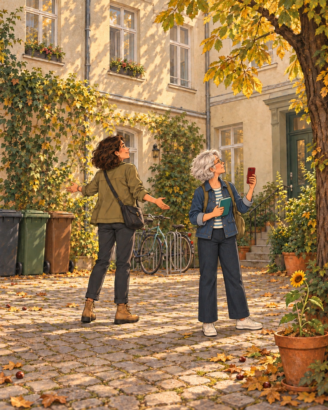 Hanne und Nuria stehen im Hof und schauen sich um: Mülltonnen, Fahrräder, ein Kastanienbaum. Von einer riesigen Sonnenblume keine Spur. In der Ecke steht nur eine kleine Sonnenblume im Topf.
