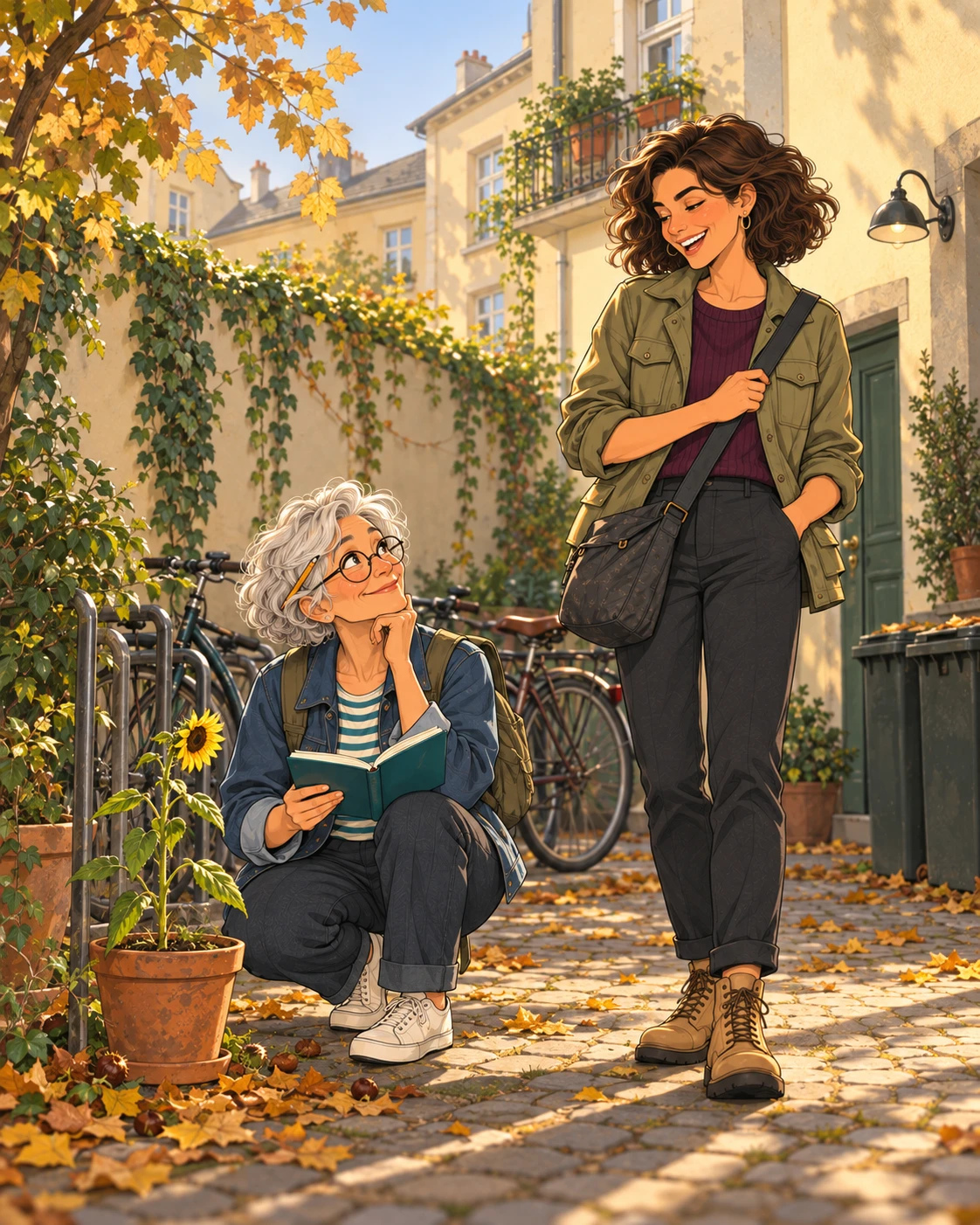 In der Hofecke hockt Hanne neben einer kleinen, etwas schiefen Sonnenblume im Topf und hält ihr Notizbuch. Nuria steht daneben und lacht.